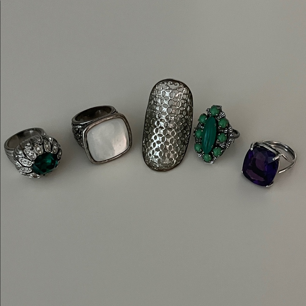 Assorted Silver Tone Women's Statement Rings - Green, White, Silver, Purple